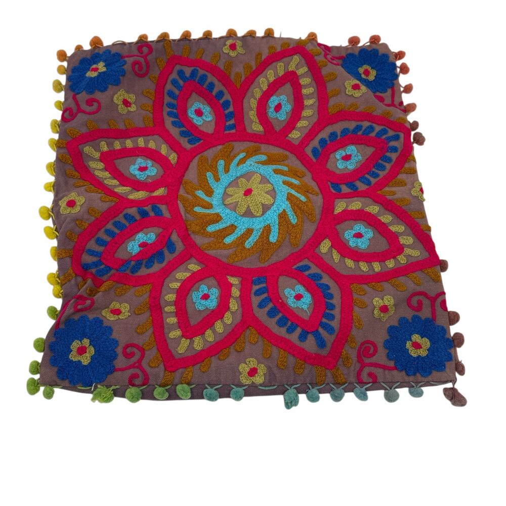 Hand Embroidered Decorative Square Pillow Cover Bohemian Boho Style 15 x 16 in